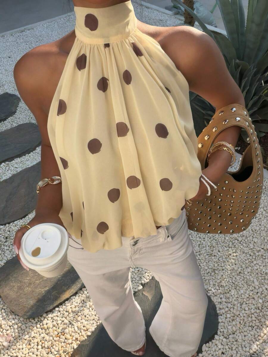 Blusa de verano casual de mujer con estampado de lunares y escote halter