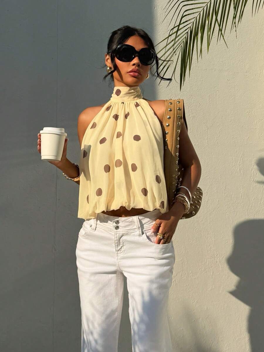 Blusa de verano casual de mujer con estampado de lunares y escote halter
