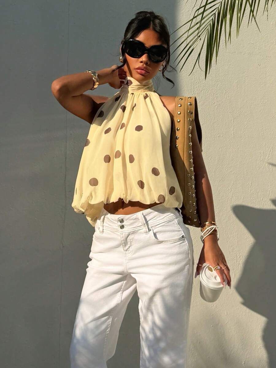 Blusa de verano casual de mujer con estampado de lunares y escote halter