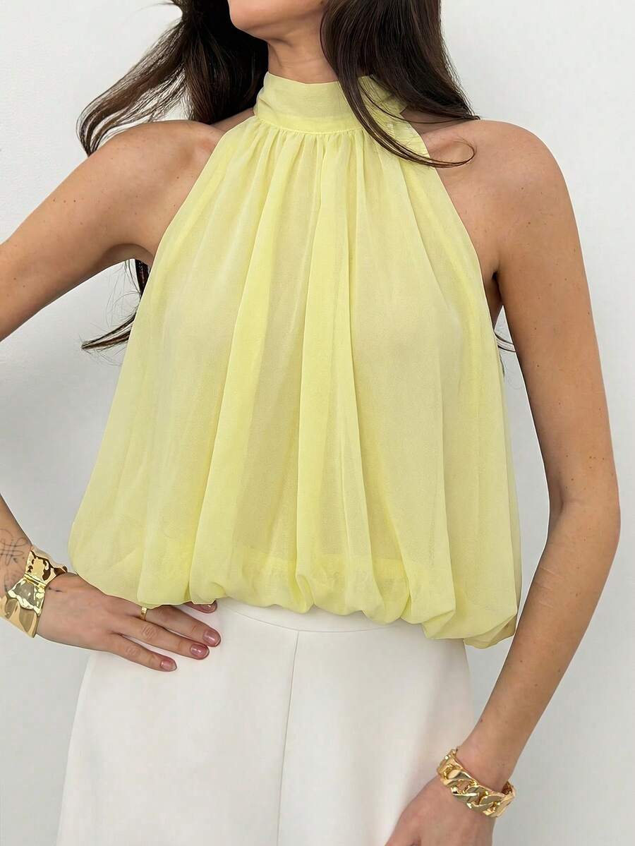 Blusa de verano casual de mujer con estampado de lunares y escote halter
