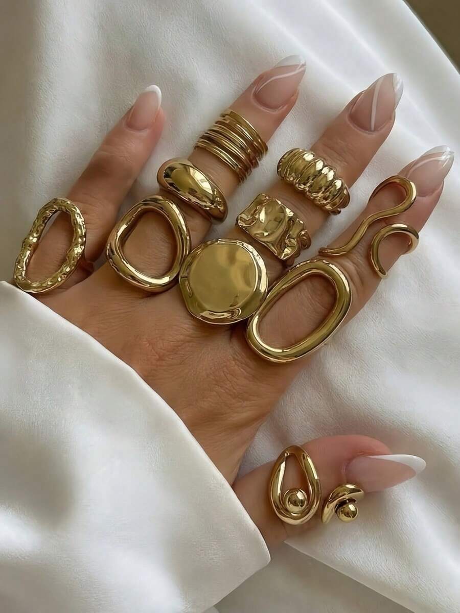 Set de 10 anillos de banda ancha geométrica hueca minimalista y elegante