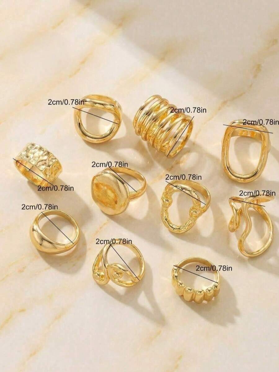 Set de 10 anillos de banda ancha geométrica hueca minimalista y elegante