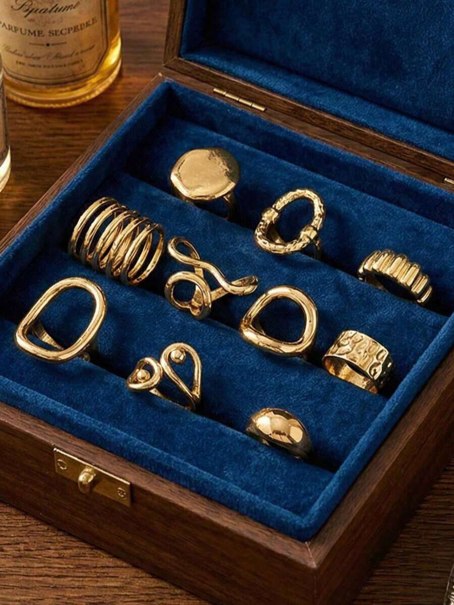 Set de 10 anillos de banda ancha geométrica hueca minimalista y elegante