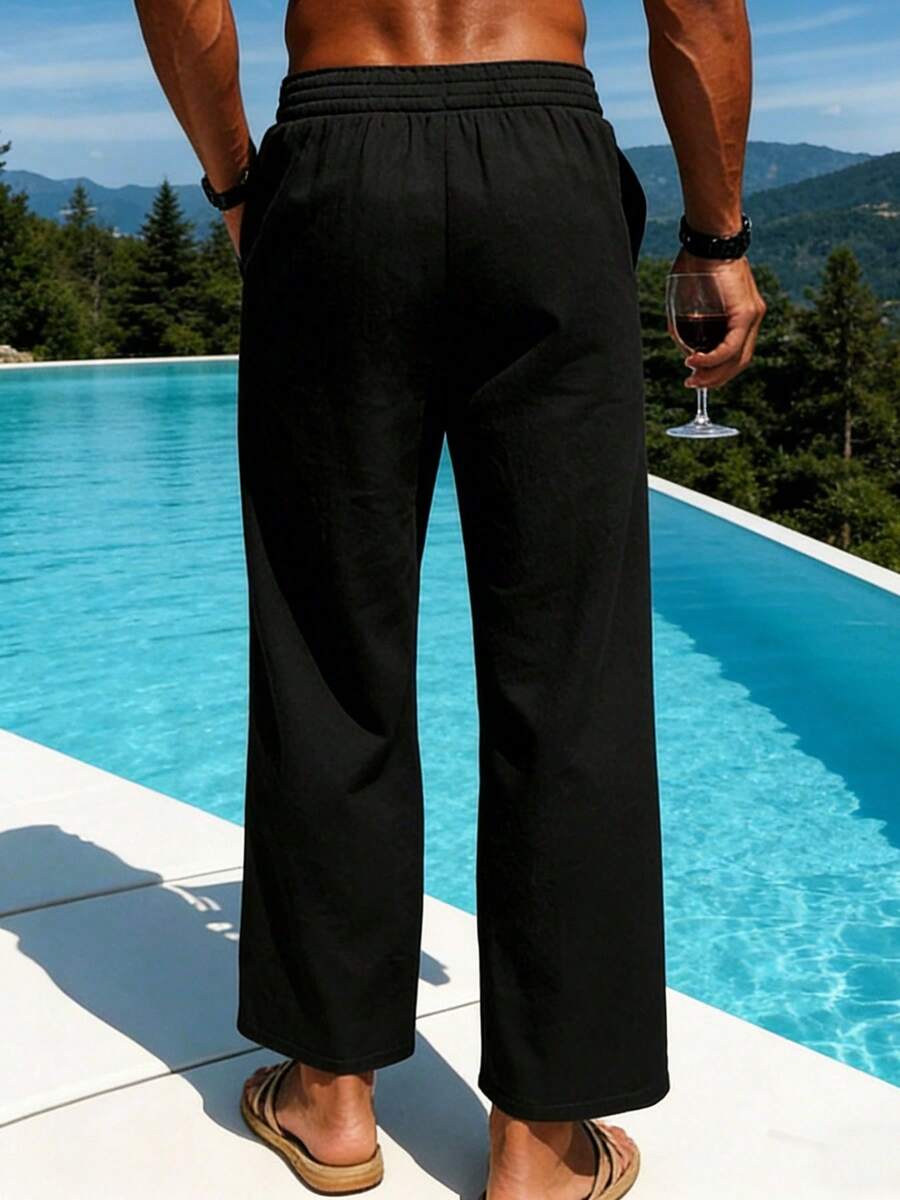 Pantalones casuales sueltos de lino negro tejido, adecuados para primavera/otoño/verano