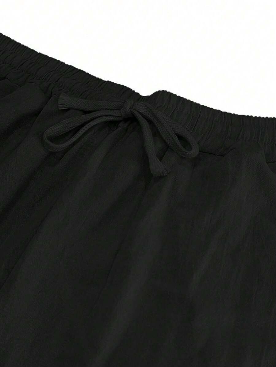 Pantalones casuales sueltos de lino negro tejido, adecuados para primavera/otoño/verano