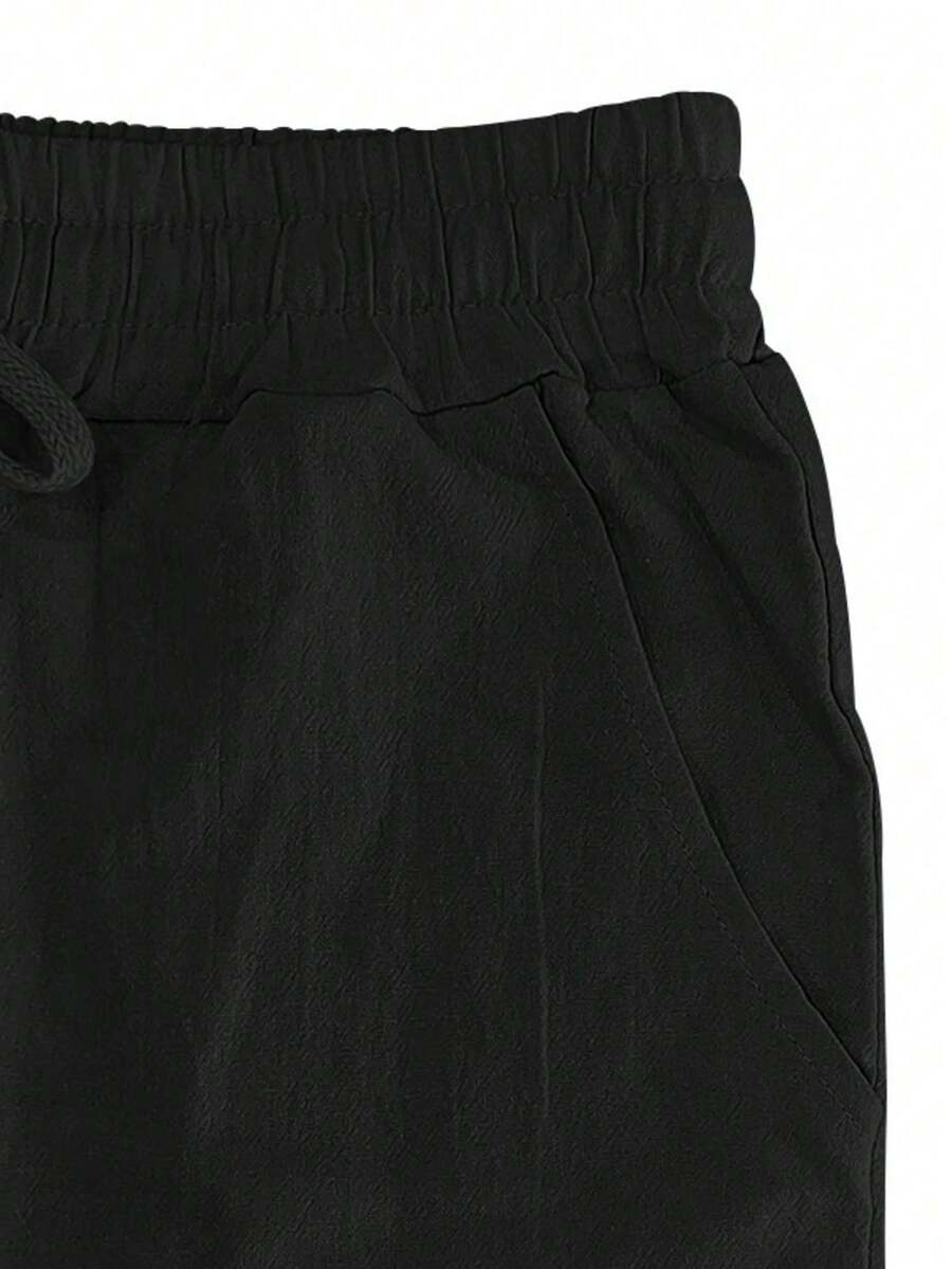 Pantalones casuales sueltos de lino negro tejido, adecuados para primavera/otoño/verano