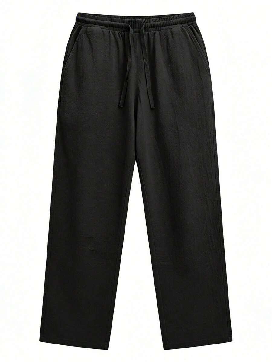 Pantalones casuales sueltos de lino negro tejido, adecuados para primavera/otoño/verano