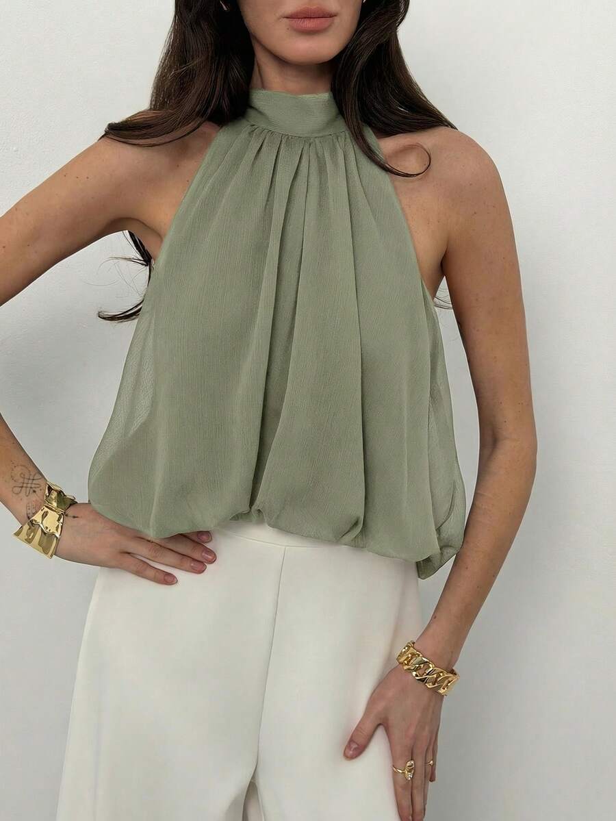 Blusa de verano casual de mujer con estampado de lunares y escote halter