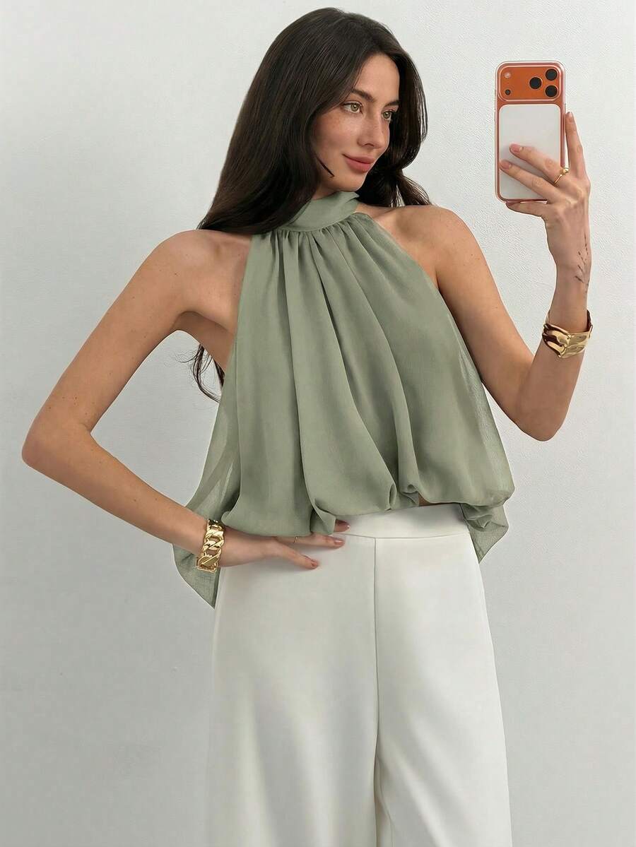 Blusa de verano casual de mujer con estampado de lunares y escote halter