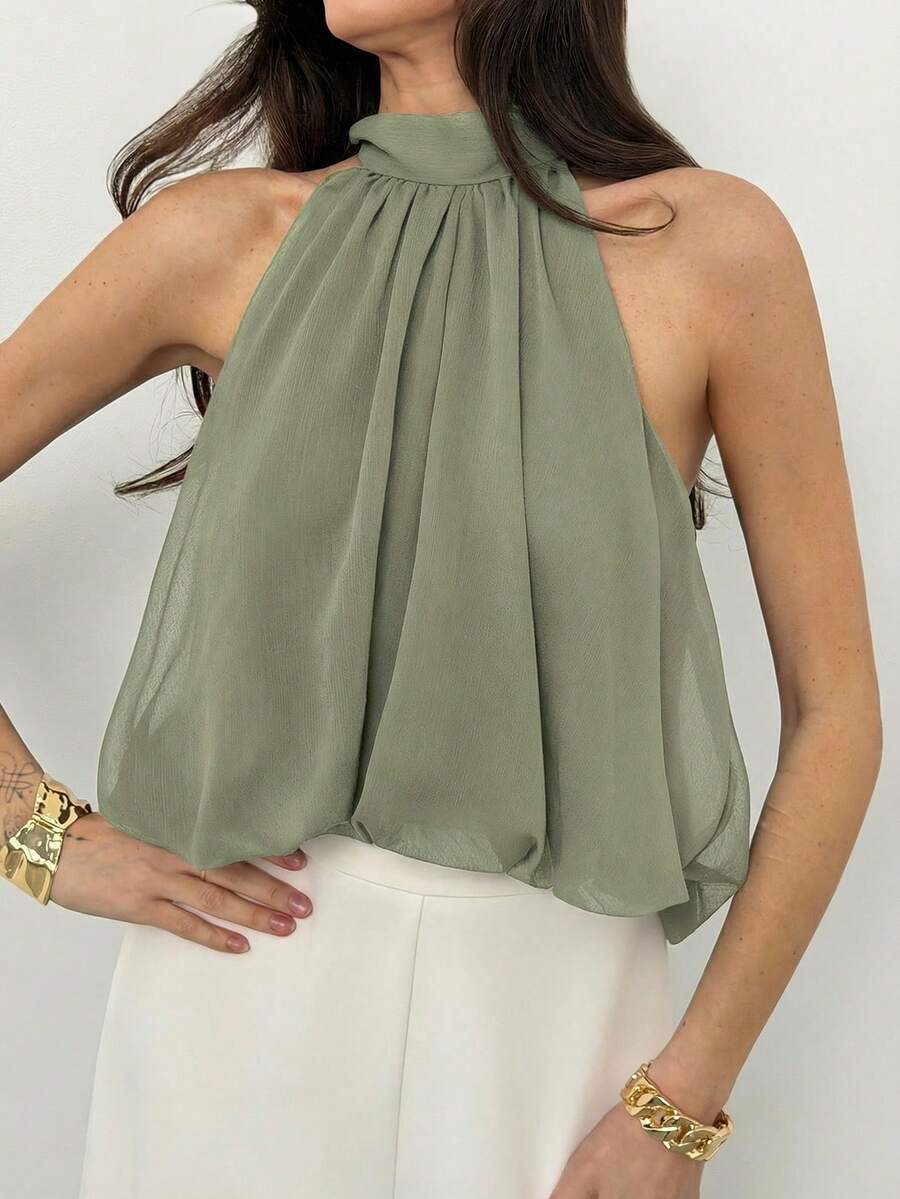 Blusa de verano casual de mujer con estampado de lunares y escote halter