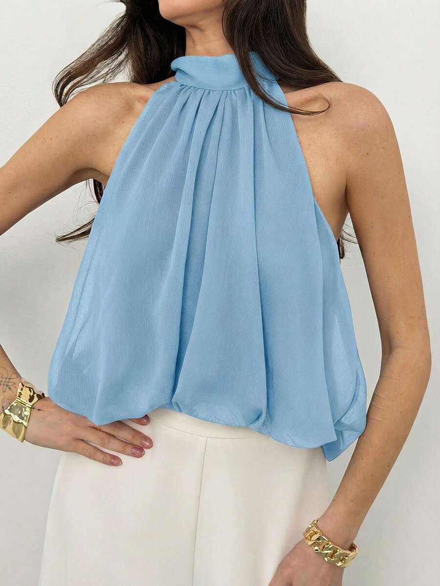 Blusa de verano casual de mujer con estampado de lunares y escote halter