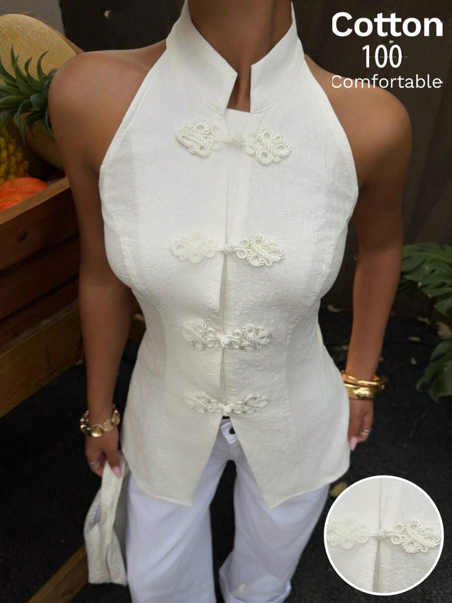 Top sin mangas con botones de estilo chino
