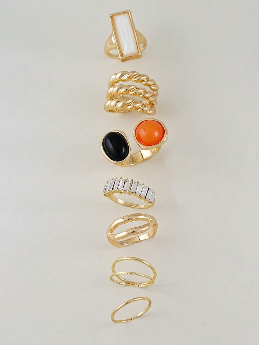 Set de 5 anillos con cristales de colores y piedras falsas, anillos geométricos apilables, adecuados para citas diarias, festivales de música de mujeres