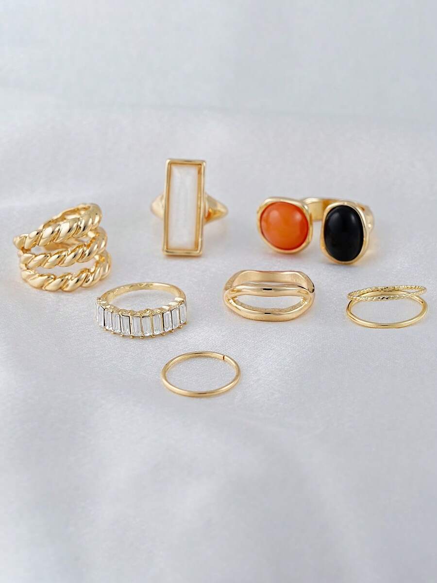 Set de 5 anillos con cristales de colores y piedras falsas, anillos geométricos apilables, adecuados para citas diarias, festivales de música de mujeres