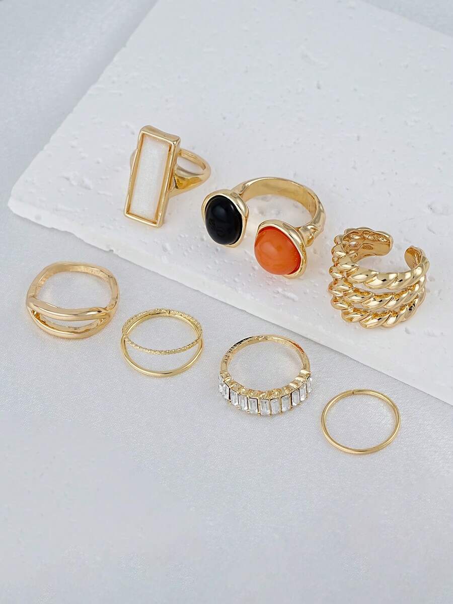 Set de 5 anillos con cristales de colores y piedras falsas, anillos geométricos apilables, adecuados para citas diarias, festivales de música de mujeres