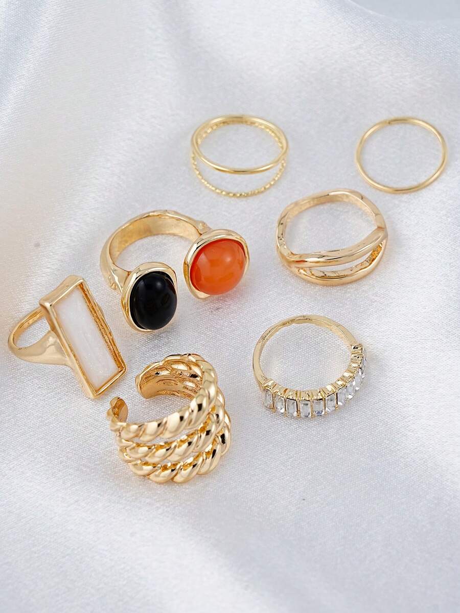 Set de 5 anillos con cristales de colores y piedras falsas, anillos geométricos apilables, adecuados para citas diarias, festivales de música de mujeres