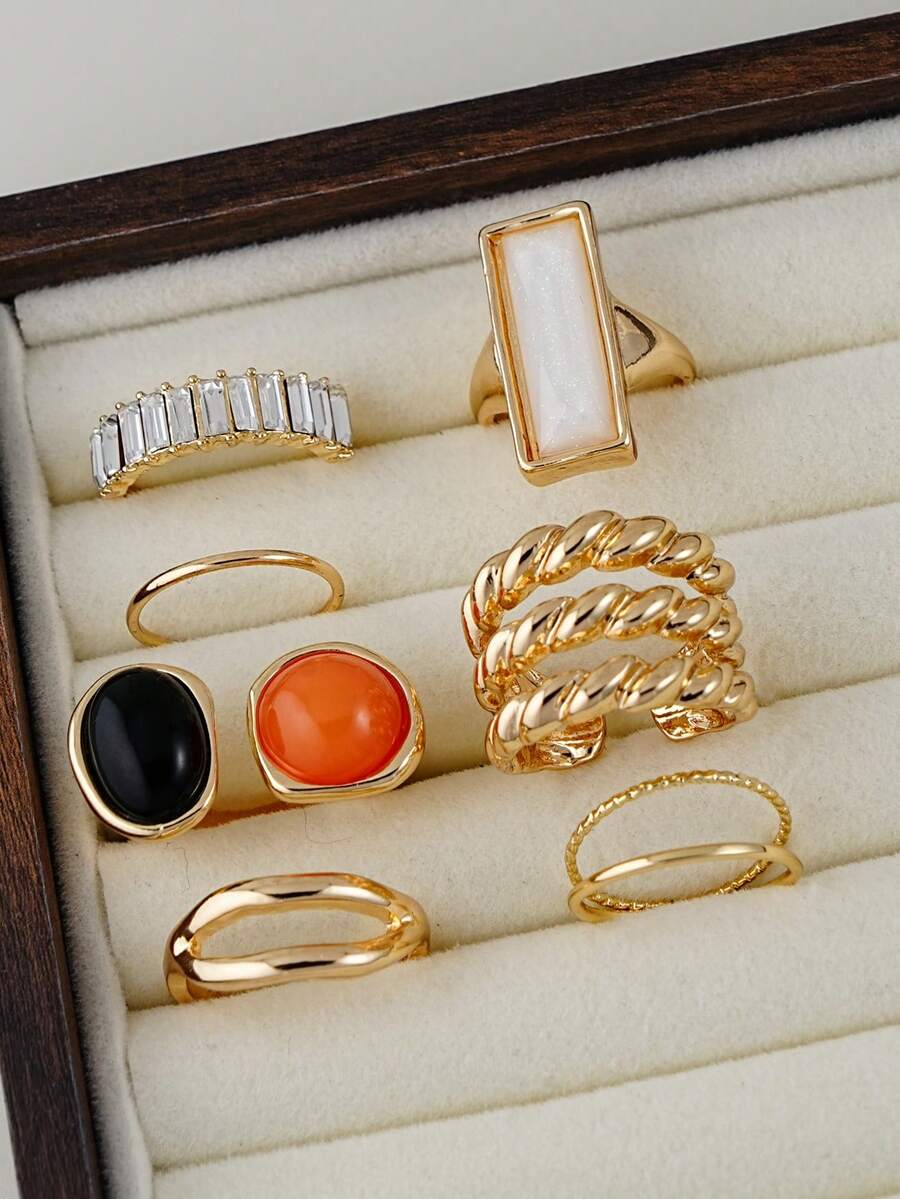 Set de 5 anillos con cristales de colores y piedras falsas, anillos geométricos apilables, adecuados para citas diarias, festivales de música de mujeres