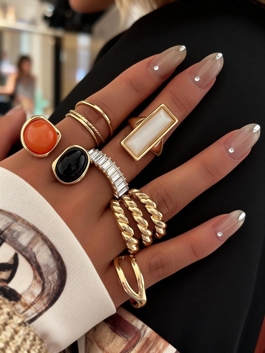 Set de 5 anillos con cristales de colores y piedras falsas, anillos geométricos apilables, adecuados para citas diarias, festivales de música de mujeres