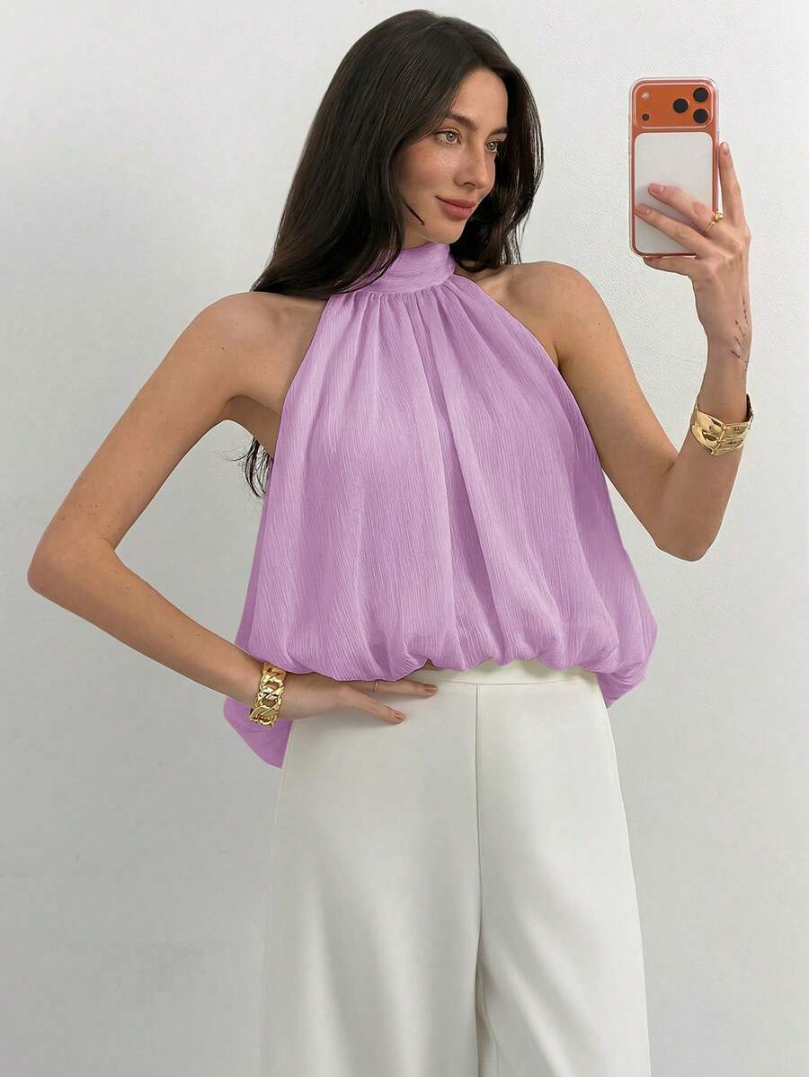 Blusa de verano casual de mujer con estampado de lunares y escote halter
