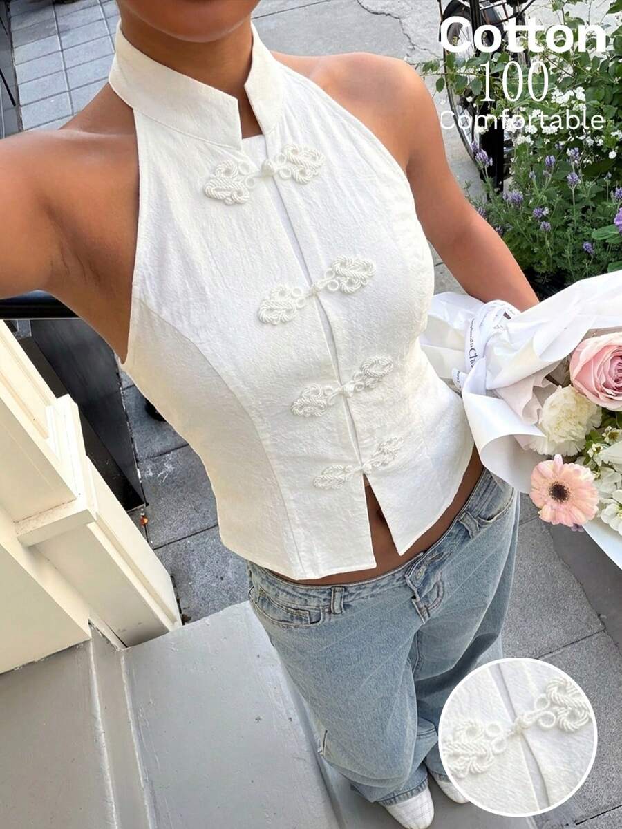 Top sin mangas con botones de estilo chino