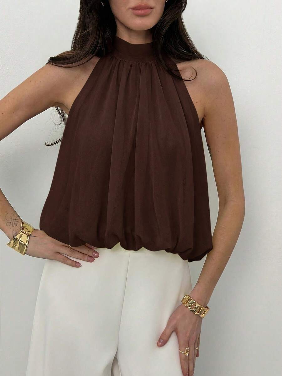 Blusa de verano casual de mujer con estampado de lunares y escote halter