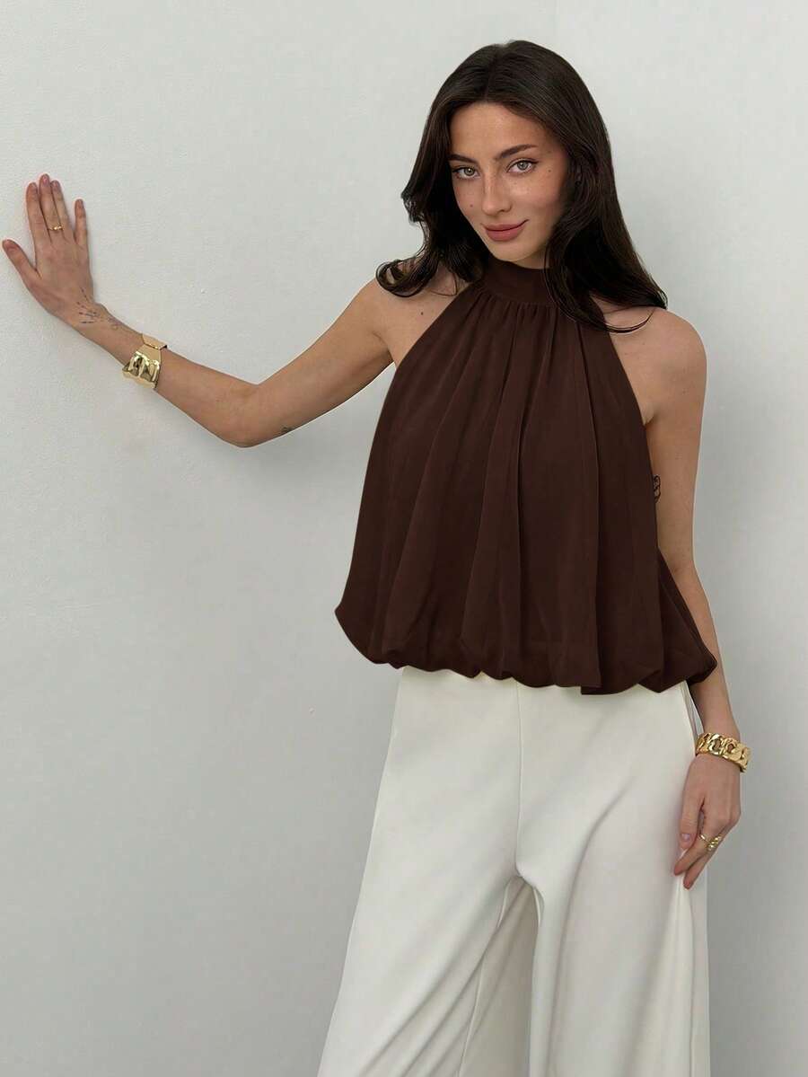 Blusa de verano casual de mujer con estampado de lunares y escote halter