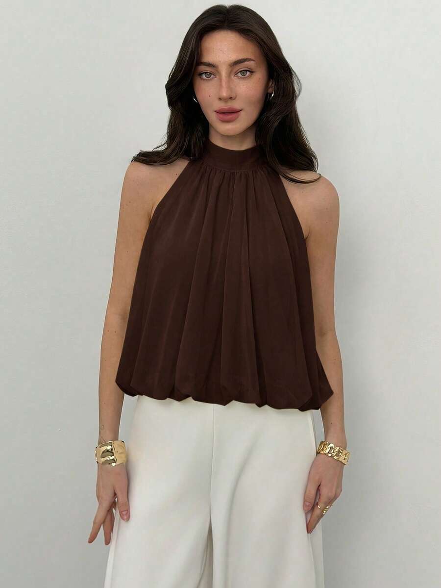 Blusa de verano casual de mujer con estampado de lunares y escote halter
