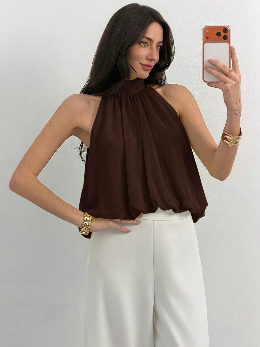 Blusa de verano casual de mujer con estampado de lunares y escote halter