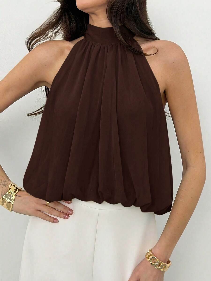 Blusa de verano casual de mujer con estampado de lunares y escote halter