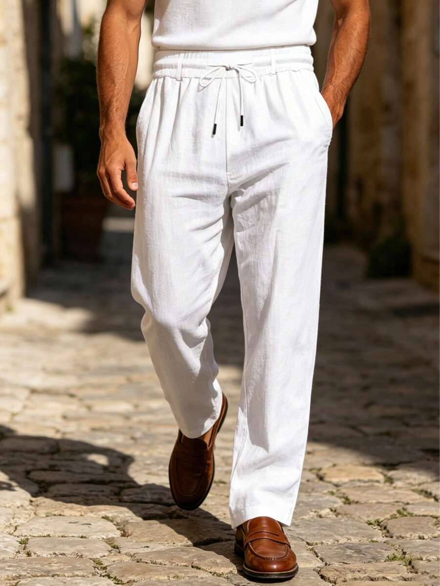 Pantalones casuales sueltos de lino negro tejido, adecuados para primavera/otoño/verano
