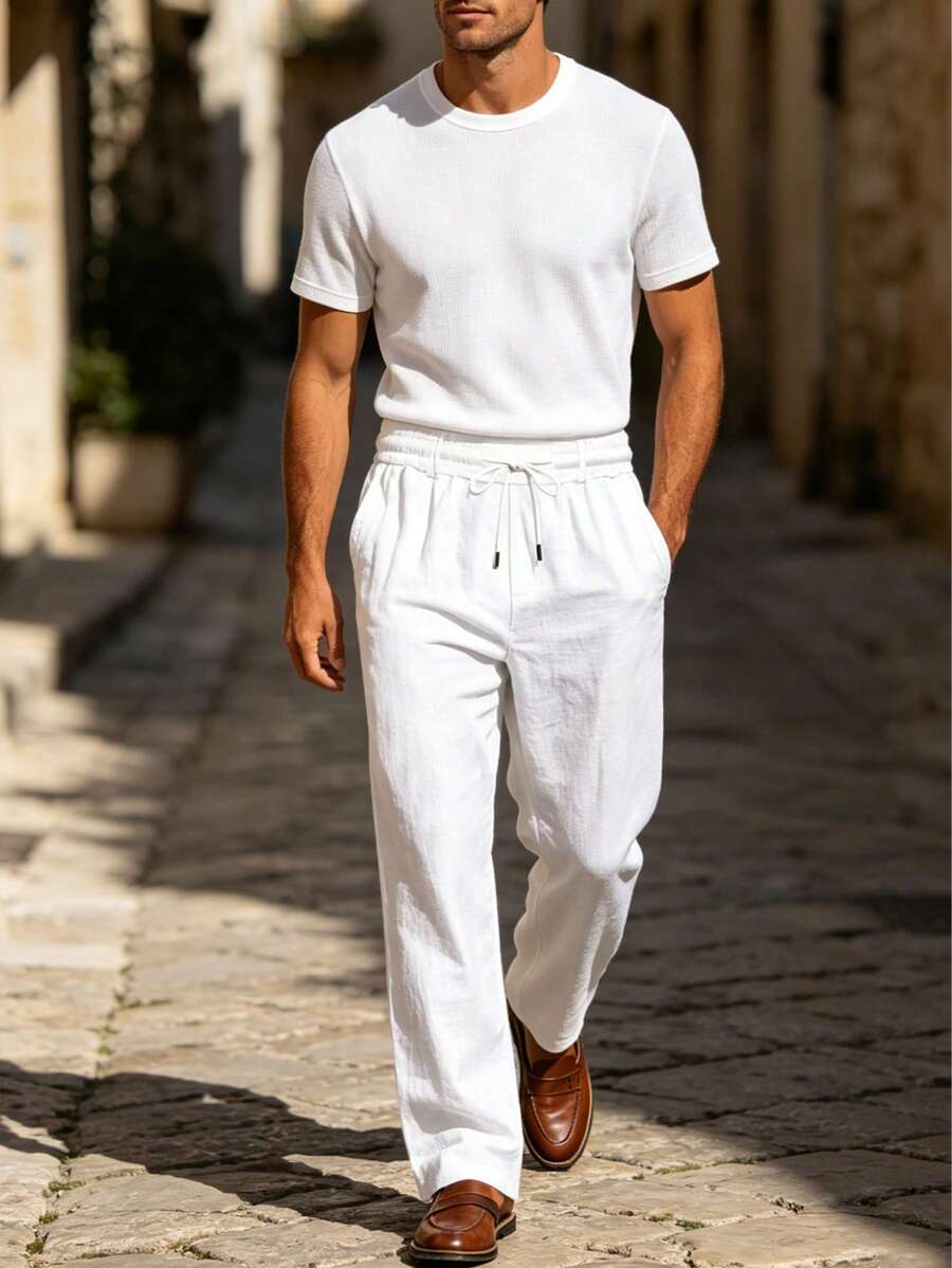 Pantalones casuales sueltos de lino negro tejido, adecuados para primavera/otoño/verano