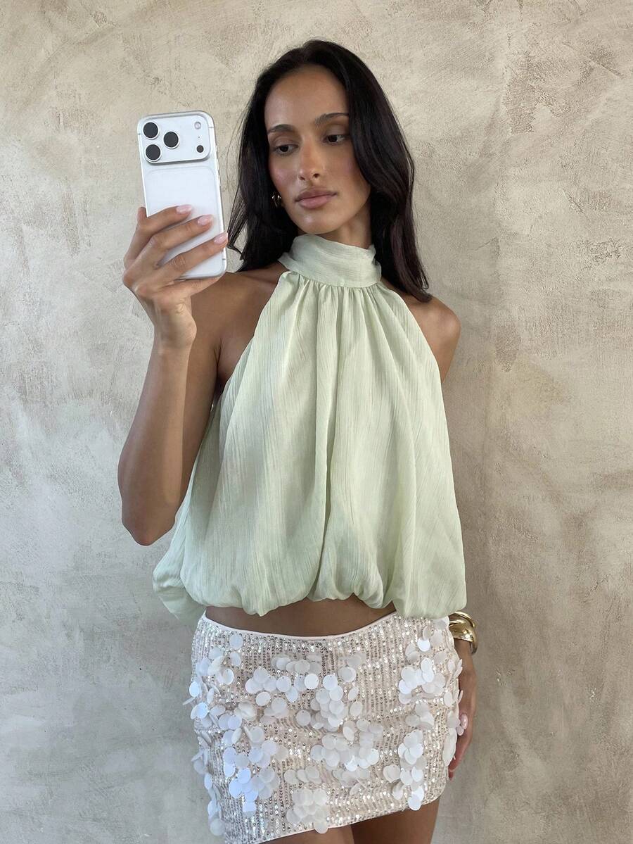 Blusa de verano casual de mujer con estampado de lunares y escote halter