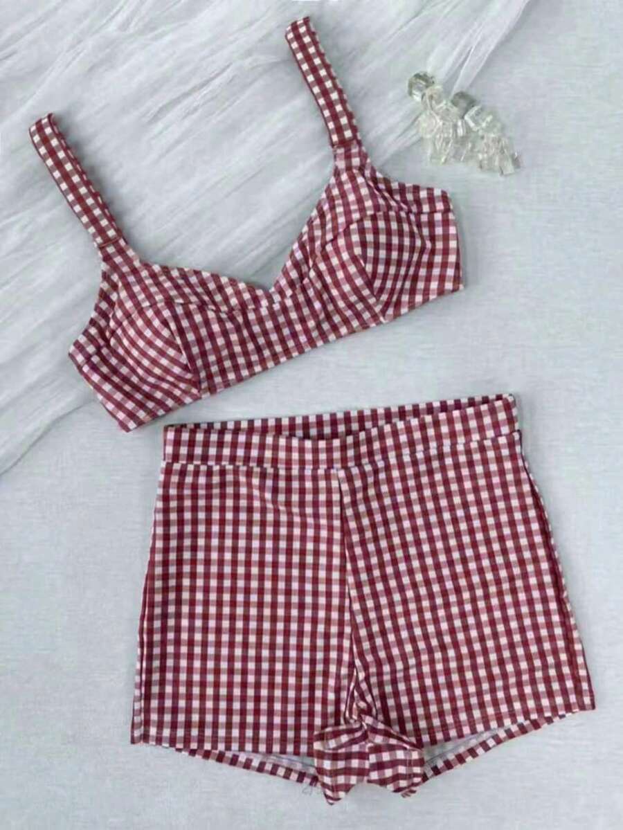 Conjunto de bikini retro a cuadros de 2 piezas