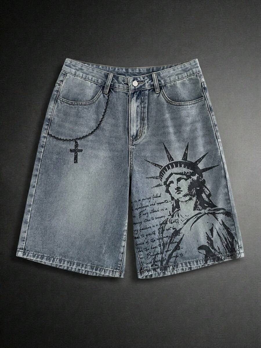 Pantalones cortos de mezclilla lavada con bordado para hombres