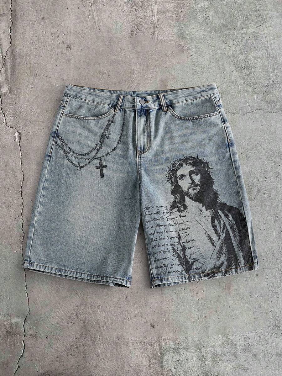 Pantalones cortos de mezclilla lavada con bordado para hombres
