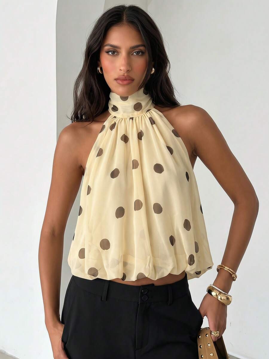 Blusa de verano casual de mujer con estampado de lunares y escote halter