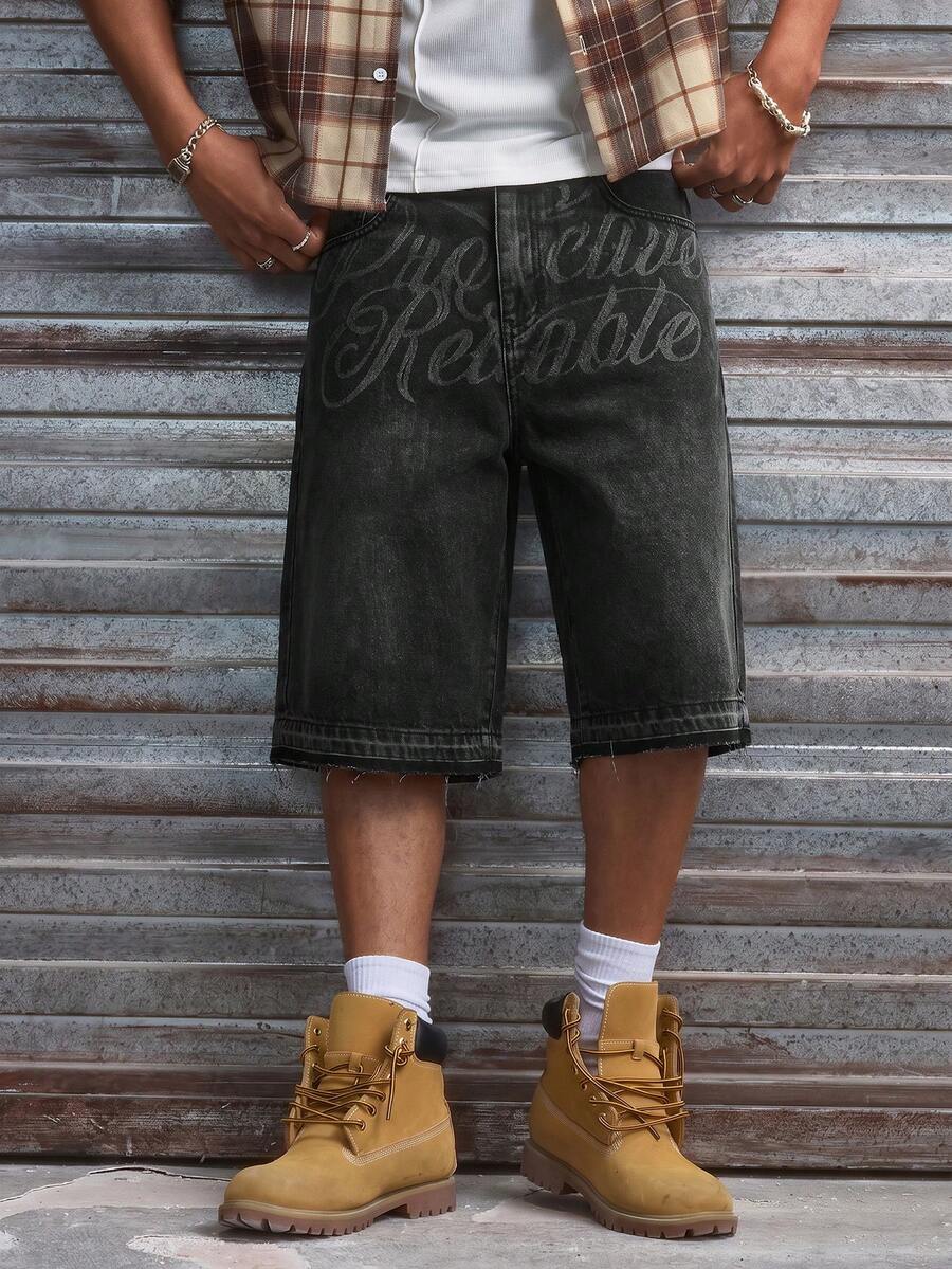 Pantalones cortos de mezclilla lavada con bordado para hombres
