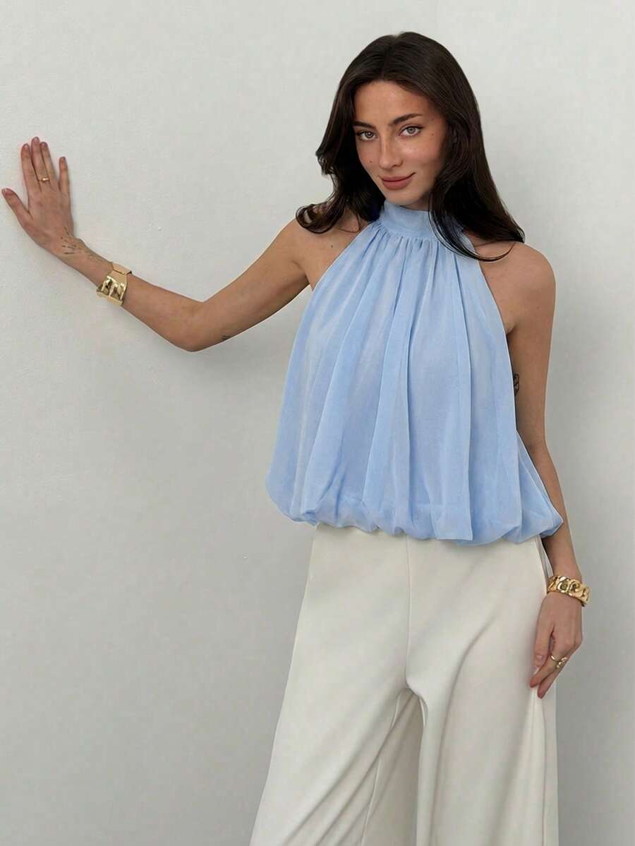 Blusa de verano casual de mujer con estampado de lunares y escote halter