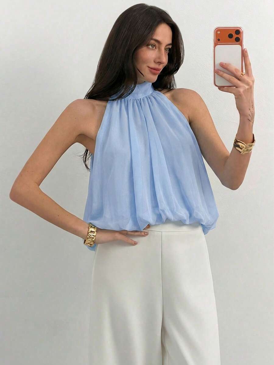 Blusa de verano casual de mujer con estampado de lunares y escote halter