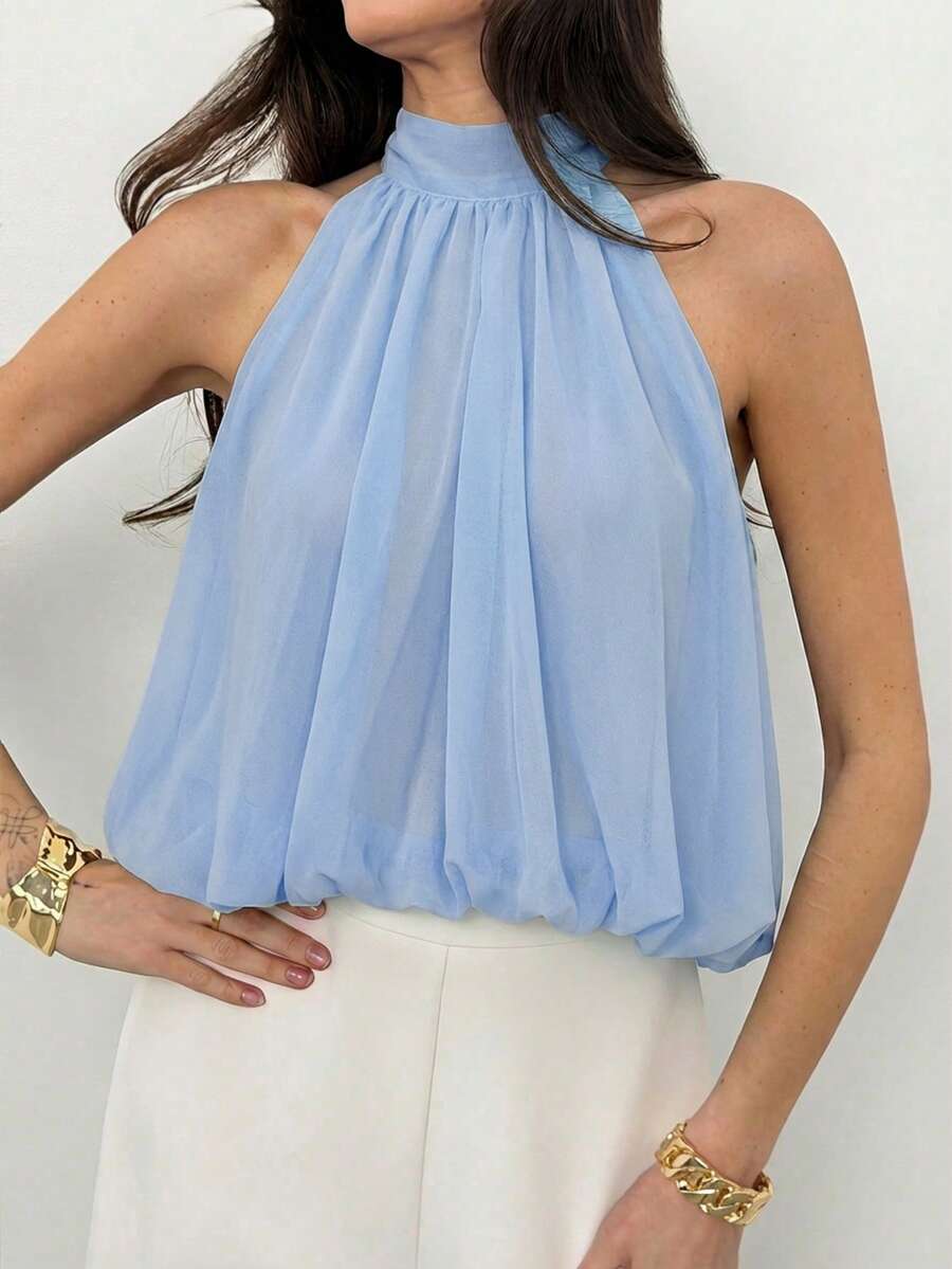Blusa de verano casual de mujer con estampado de lunares y escote halter