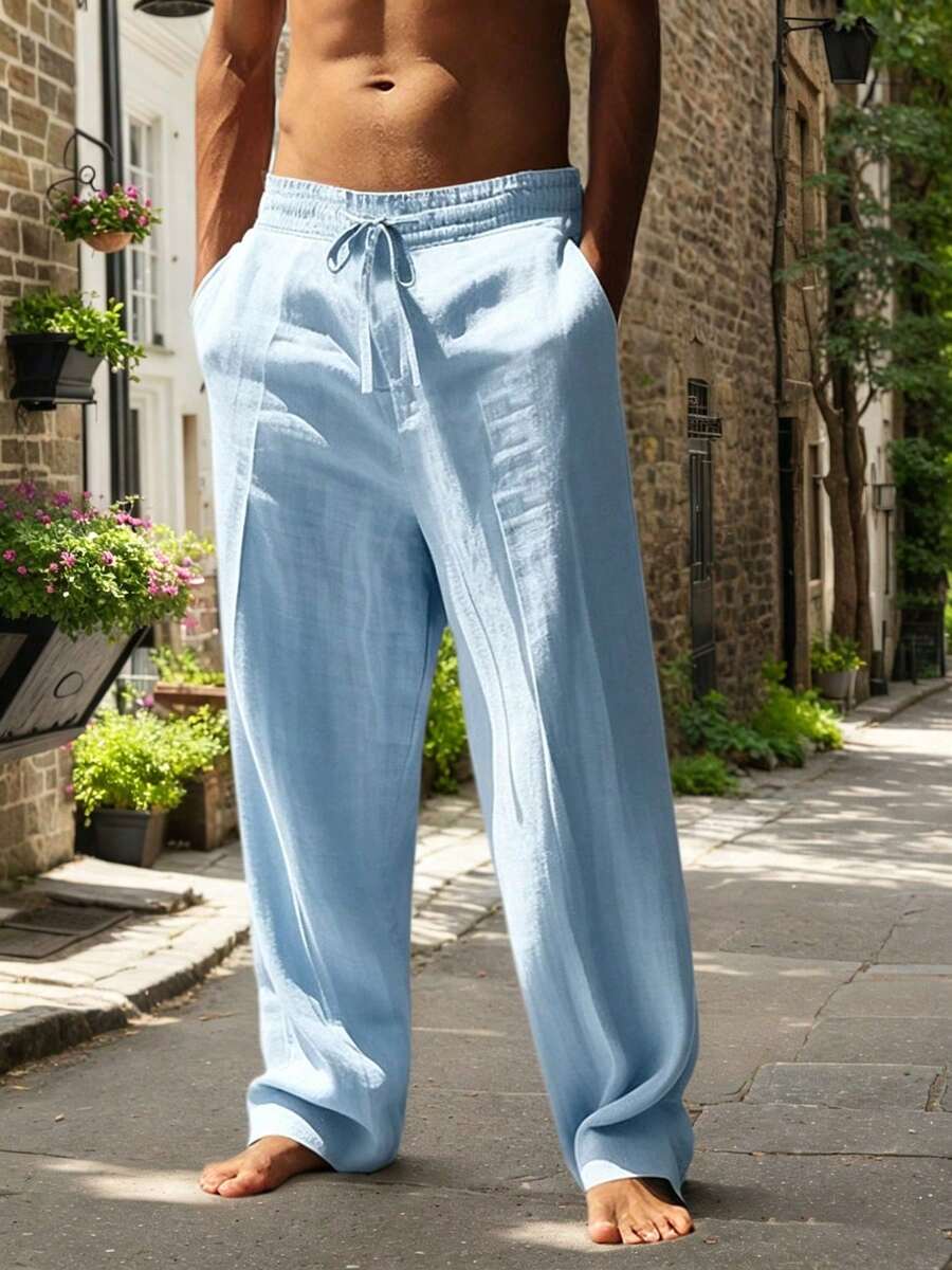 Pantalones casuales sueltos de lino negro tejido, adecuados para primavera/otoño/verano