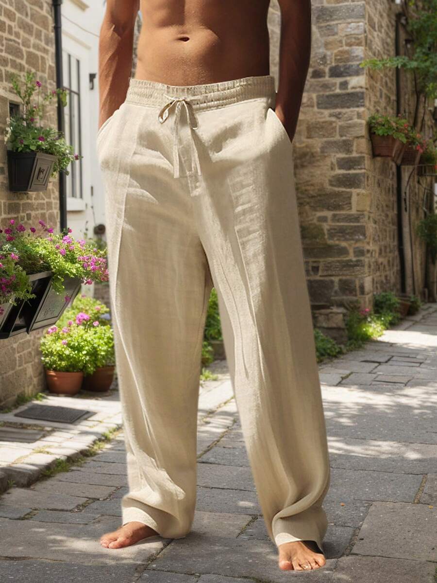 Pantalones casuales sueltos de lino negro tejido, adecuados para primavera/otoño/verano