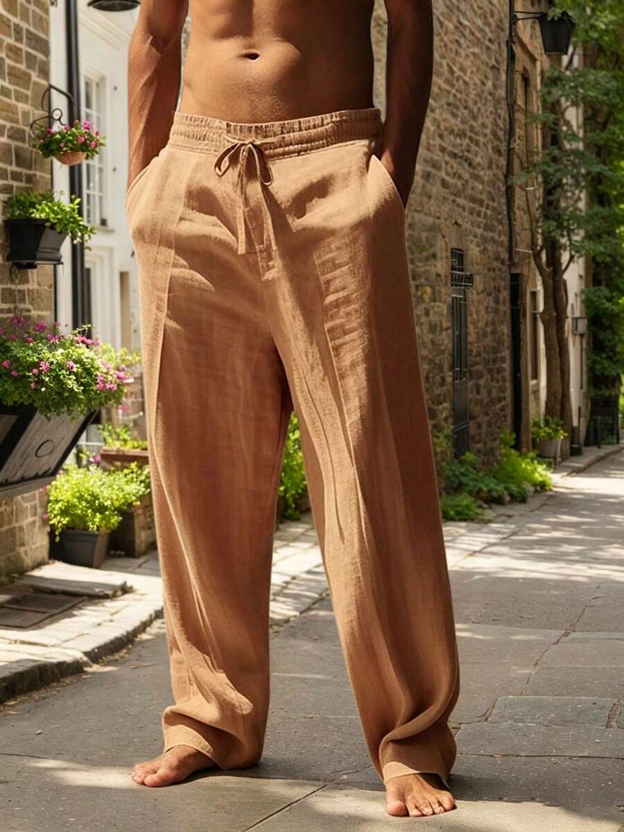 Pantalones casuales sueltos de lino negro tejido, adecuados para primavera/otoño/verano