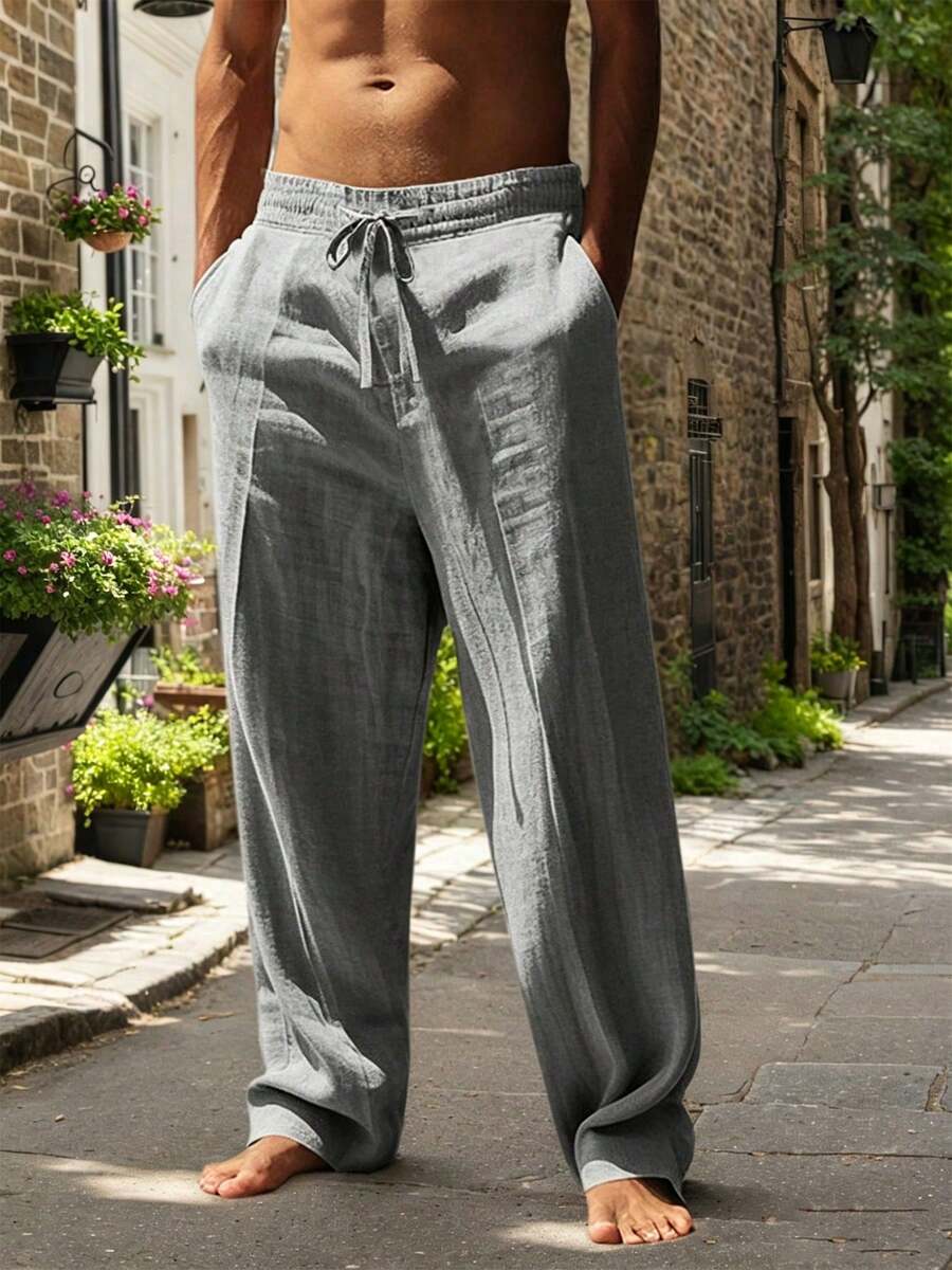 Pantalones casuales sueltos de lino negro tejido, adecuados para primavera/otoño/verano