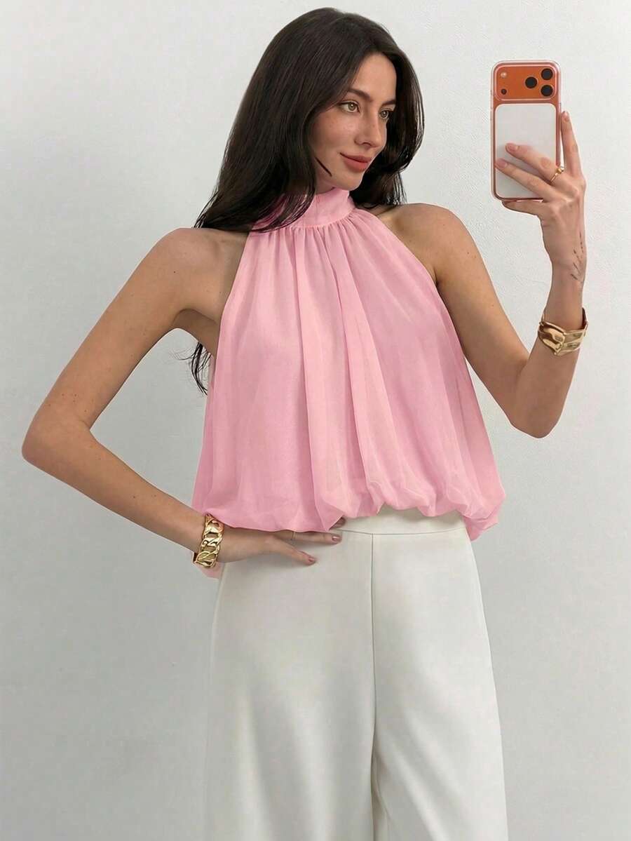 Blusa de verano casual de mujer con estampado de lunares y escote halter