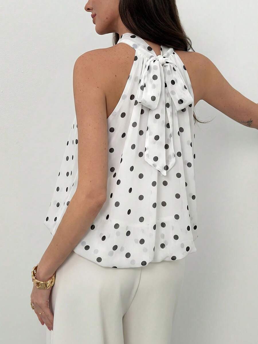 Blusa de verano casual de mujer con estampado de lunares y escote halter