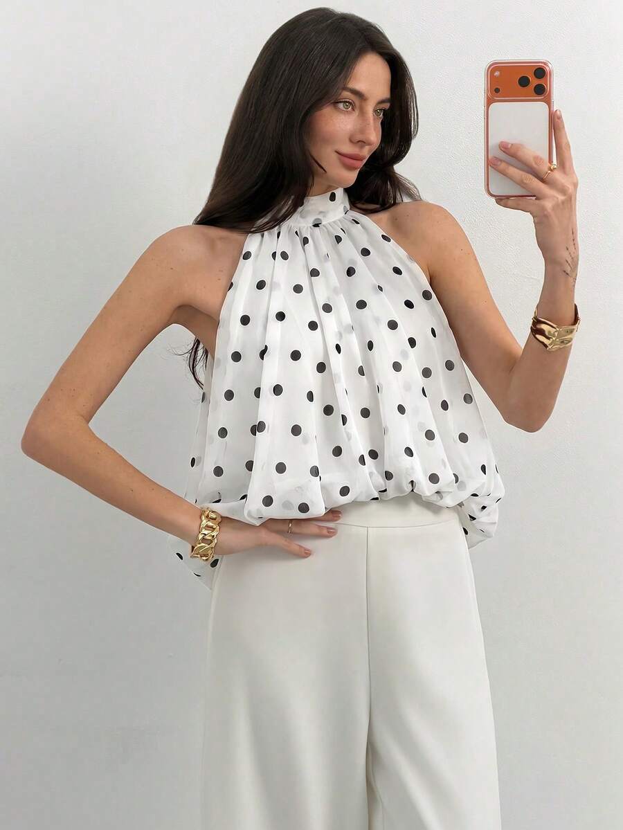 Blusa de verano casual de mujer con estampado de lunares y escote halter