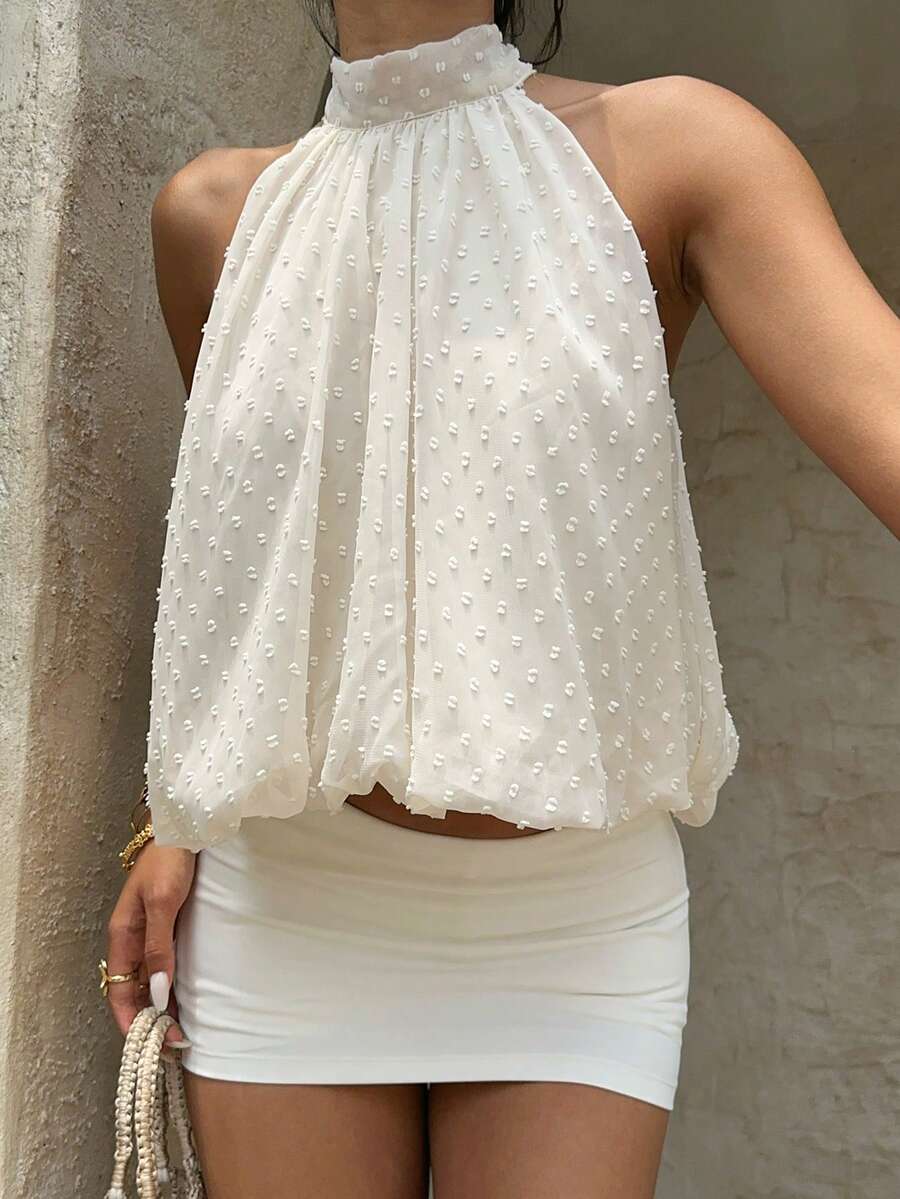 Blusa de verano casual de mujer con estampado de lunares y escote halter