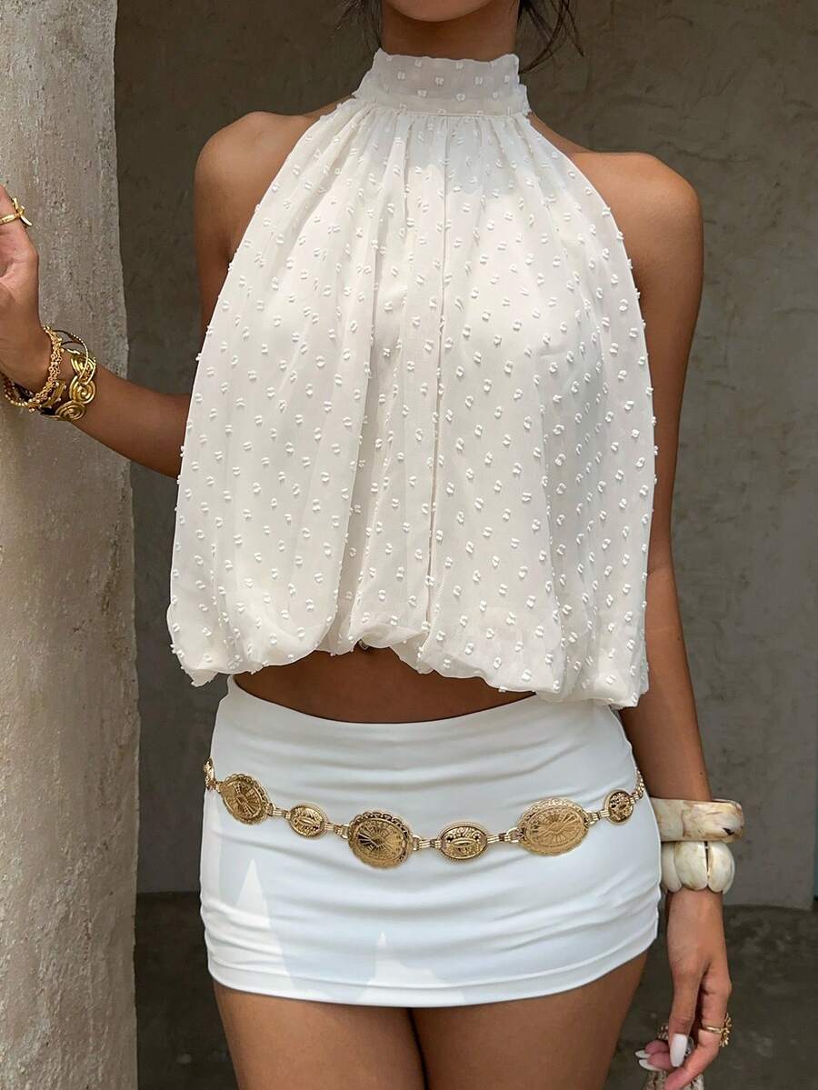 Blusa de verano casual de mujer con estampado de lunares y escote halter