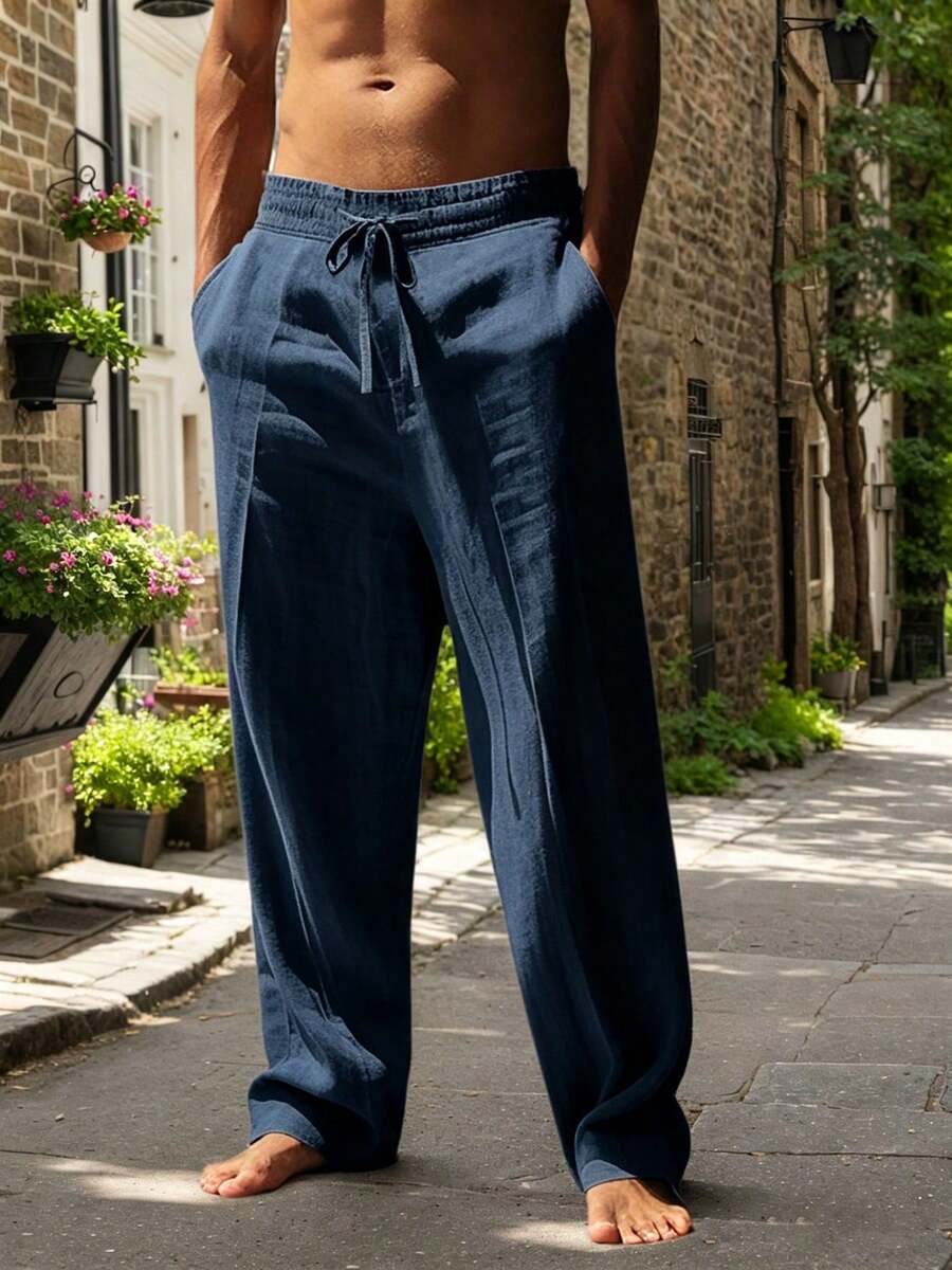 Pantalones casuales sueltos de lino negro tejido, adecuados para primavera/otoño/verano